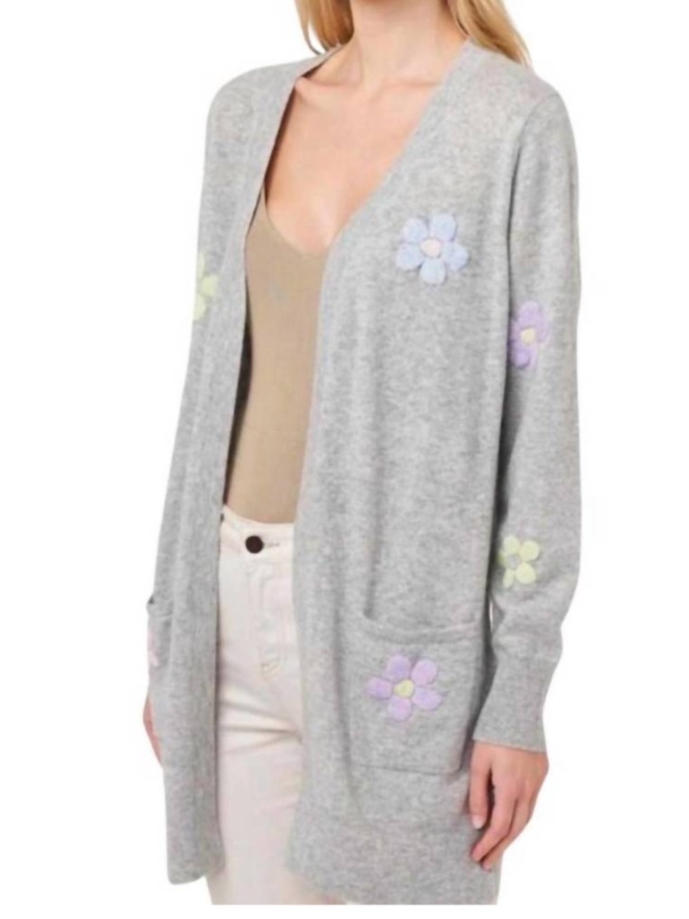 Brodie Cashmere Cardigan Open Front Grey Pastel Flower Stitching Pockets Small